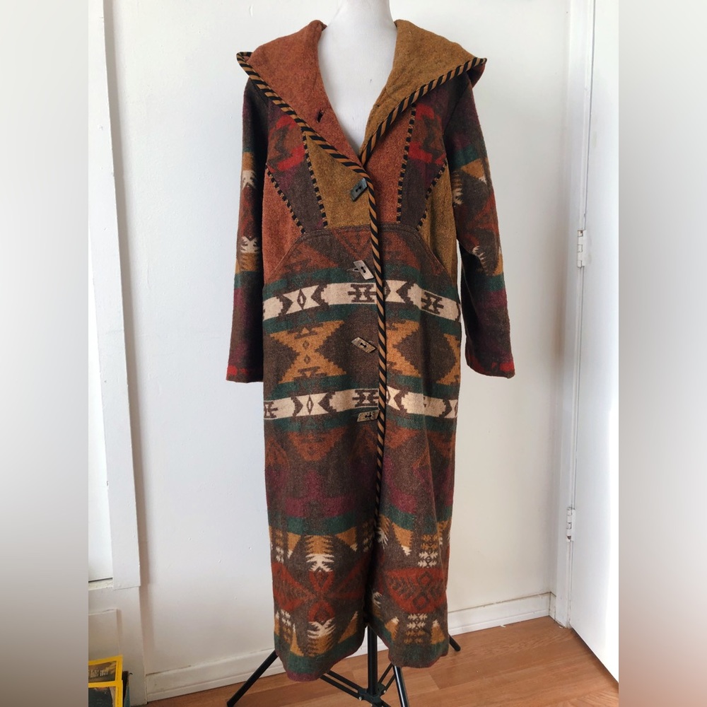 Vintage 80s 90s Southwestern Hooded Wool Blanket Coat / Wool Duster Coat